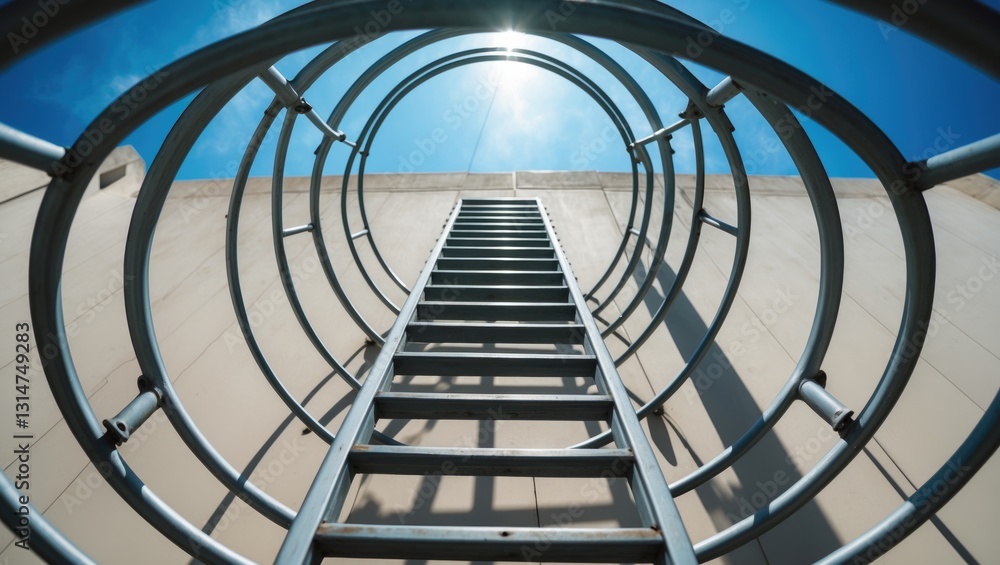 Fototapeta premium Outdoor fire escape ladder viewed from below on a building wall in perspective.