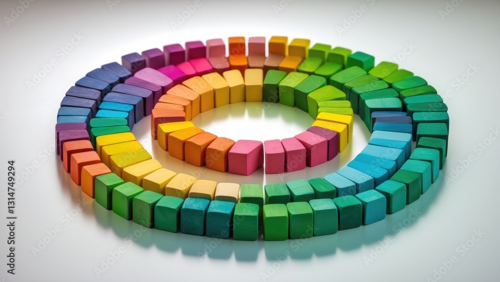 Fototapeta premium Centralization, gathering of data and people, concept image. A circle of vibrant wooden blocks symbolizes the unity of diverse elements. Isolated on a neutral white background.