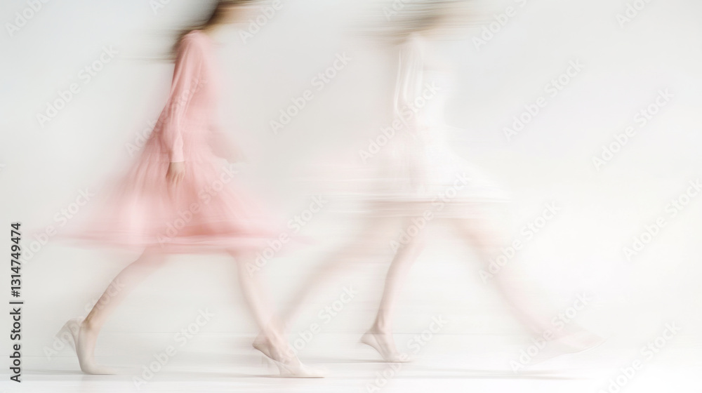 Fototapeta premium Two people, one wearing a pink long-sleeved dress and the other in white, walking on a white background, fashion style