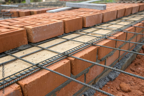 Brick wall construction with steel reinforcements for stability