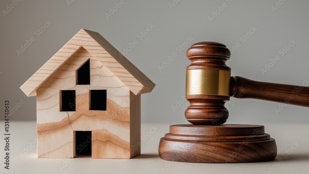 A house with a crack and a judge's gavel. Home repair. Restoration. Legal cases regarding real estate. Compensation for damages. Emergency housing, resettlement. A house with a crack and a judge's gavel. Home repair. Restoration. Legal cases regarding real estate. Compensation for damages. Emergency housing, resettlement.