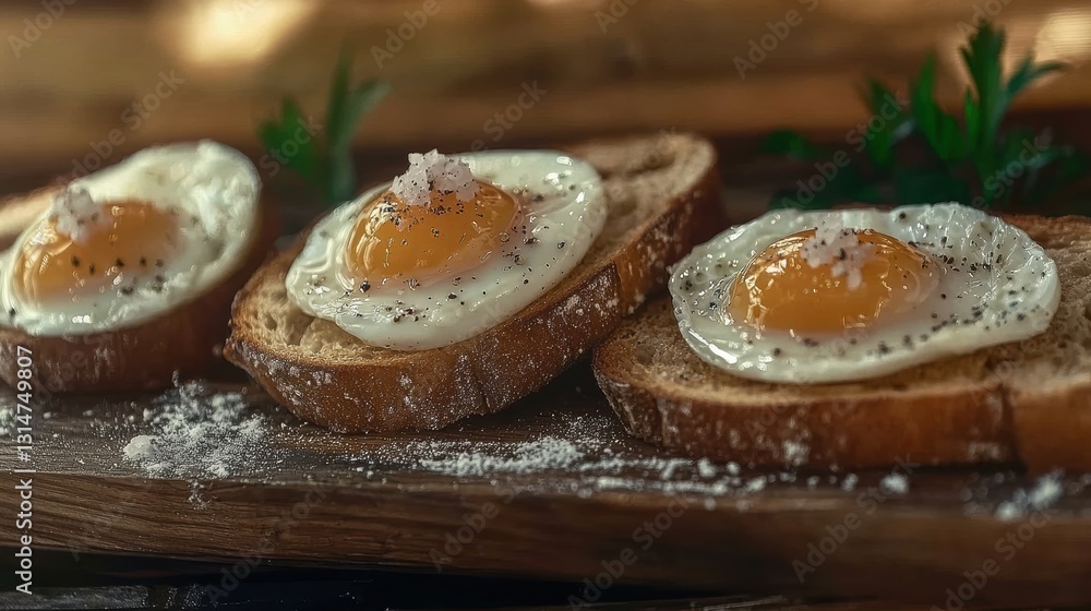 Cooking delicious sunny-side up eggs on toast cozy kitchen food photography rustic setting close-up culinary art