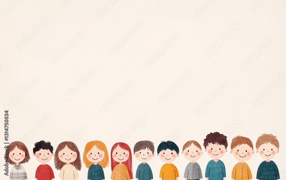 Adorable hand-drawn illustration of a diverse group of happy children standing in a row, featuring a minimalist background with space for text.
Adorable hand-drawn illustration of a diverse group of happy children standing in a row, featuring a minimalist background with space for text.