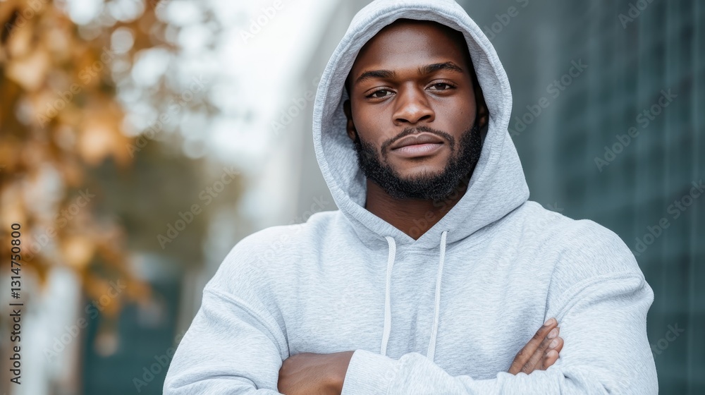 A strong and confident man stands with arms crossed wearing a gray hoodie, exuding a sense of determination and resilience in an urban setting. A strong and confident man stands with arms crossed wearing a gray hoodie, exuding a sense of determination and resilience in an urban setting.
