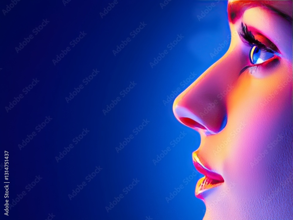 Dramatic side profile of a woman in deep blue and magenta lighting creating a striking and artistic modern portrait Dramatic side profile of a woman in deep blue and magenta lighting creating a striking and artistic modern portrait