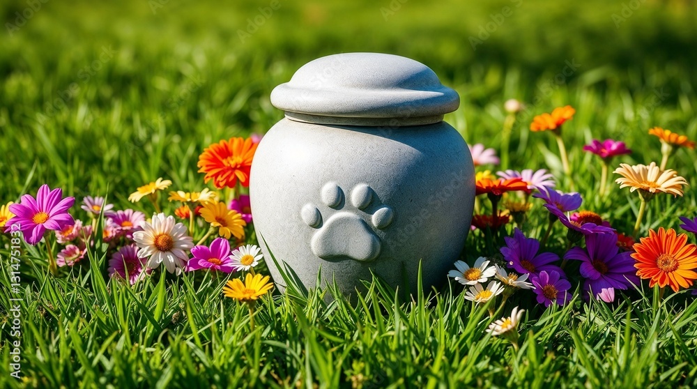 Smooth Gray Stone Pet Urn Among Vibrant Flowers on Lush Green Grass