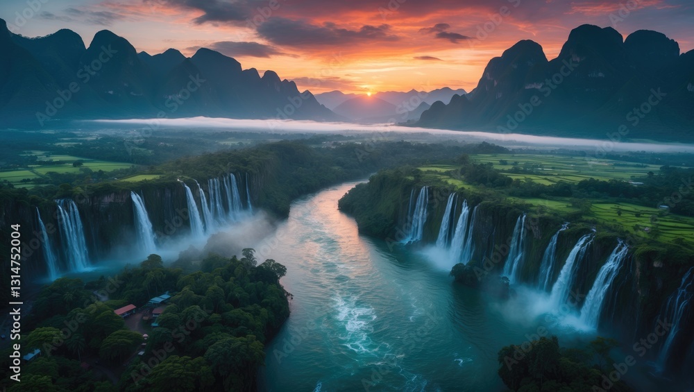 Fototapeta premium Panoramic aerial view of sunset over mountain range with waterfall flowing in tropical rainforest.