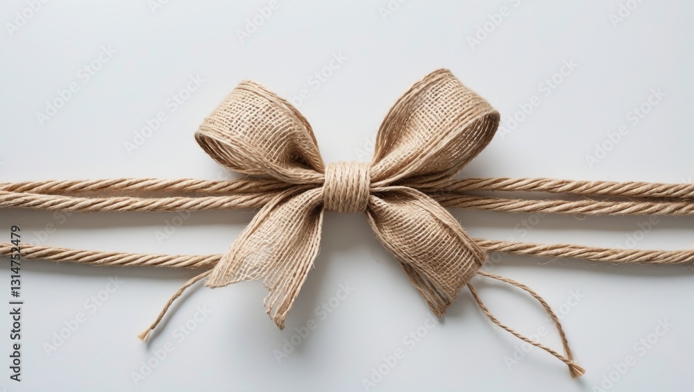 Linen rope string with a bow on a white background, viewed from the top. Linen rope string with a bow on a white background, viewed from the top.