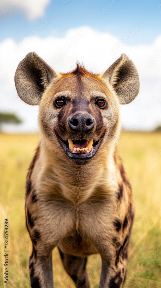 Naklejka premium Portrait of a cute brown dog, resembling a hyena, with a mix of white and black fur, on the grass in a safari-like setting, with natural wildlife in the background, resembling a young shepherd dog