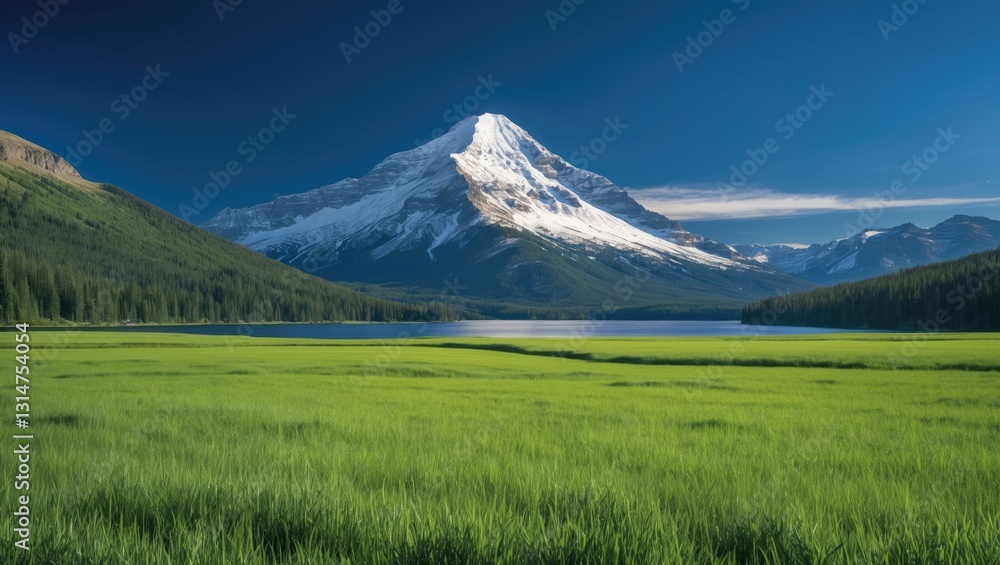 Fototapeta premium Mount Bachelor observed from a lush green meadow under a vibrant blue sky.