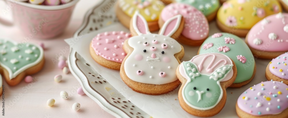 Easter cookies shaped like bunnies and eggs, decorated with pastel icing Easter cookies shaped like bunnies and eggs, decorated with pastel icing