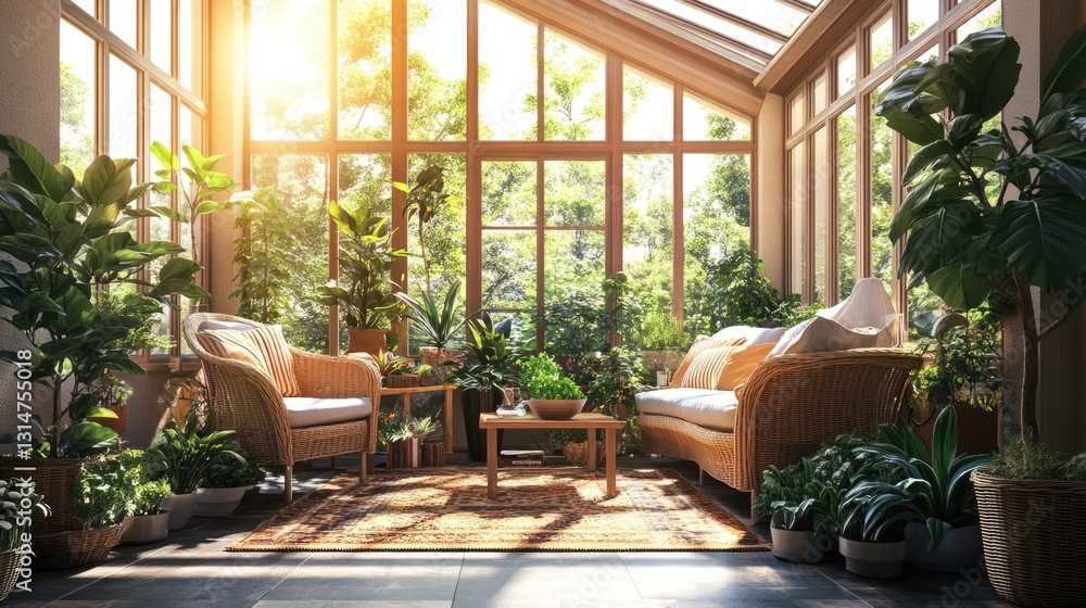 Fototapeta premium Sunlit Conservatory with Wicker Furniture and Lush Greenery