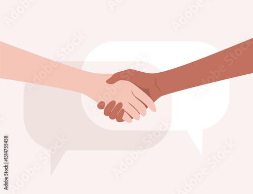 Handshake of people of different nationalities and skin tones with speech bubbles on the background. Flat vector illustration