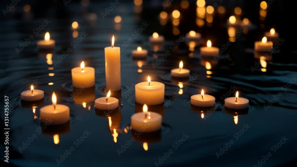 Candles Burning and Floating Peacefully on Dark Water Surface Candles Burning and Floating Peacefully on Dark Water Surface