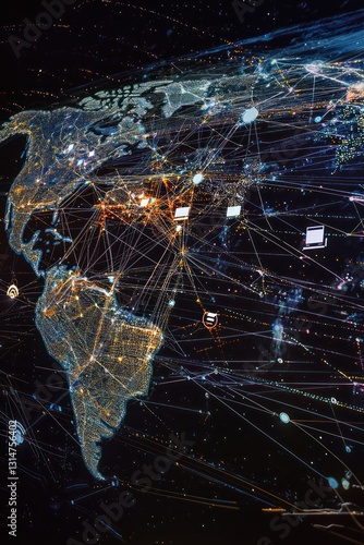 Obraz na płótnie Visualization of global internet communication featuring intercontinental data links.