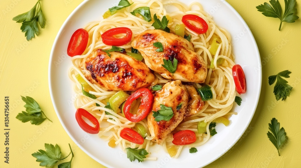 Delicious grilled chicken pasta with fresh vegetables kitchen food photography bright setting close-up culinary delight Delicious grilled chicken pasta with fresh vegetables kitchen food photography bright setting close-up culinary delight