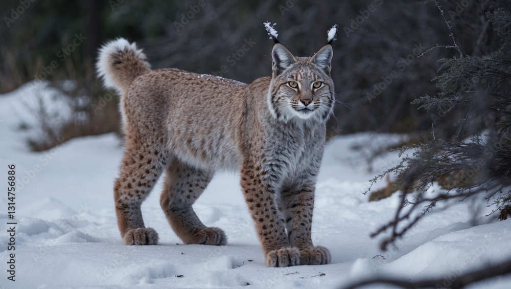 Fototapeta premium Lynx stretching and gazing at the camera as it emerges from its snowy resting spot.