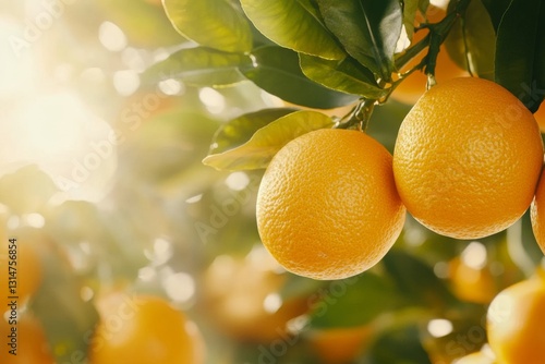 A vibrant orange tree in an orchard, with ripe oranges hanging from the branches and sunlight filtering through the leaves