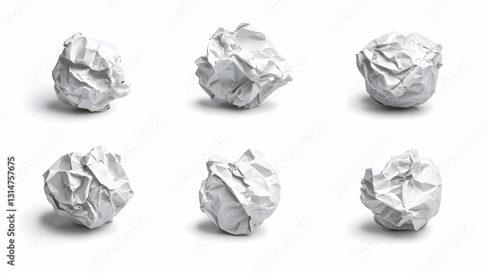 Six Crumpled White Paper Balls Isolated On A White Background With Subtle Shadows Six Crumpled White Paper Balls Isolated On A White Background With Subtle Shadows
