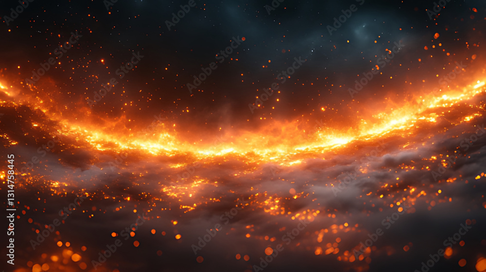 Fiery horizon, cosmic dust, night sky, background, design Fiery horizon, cosmic dust, night sky, background, design