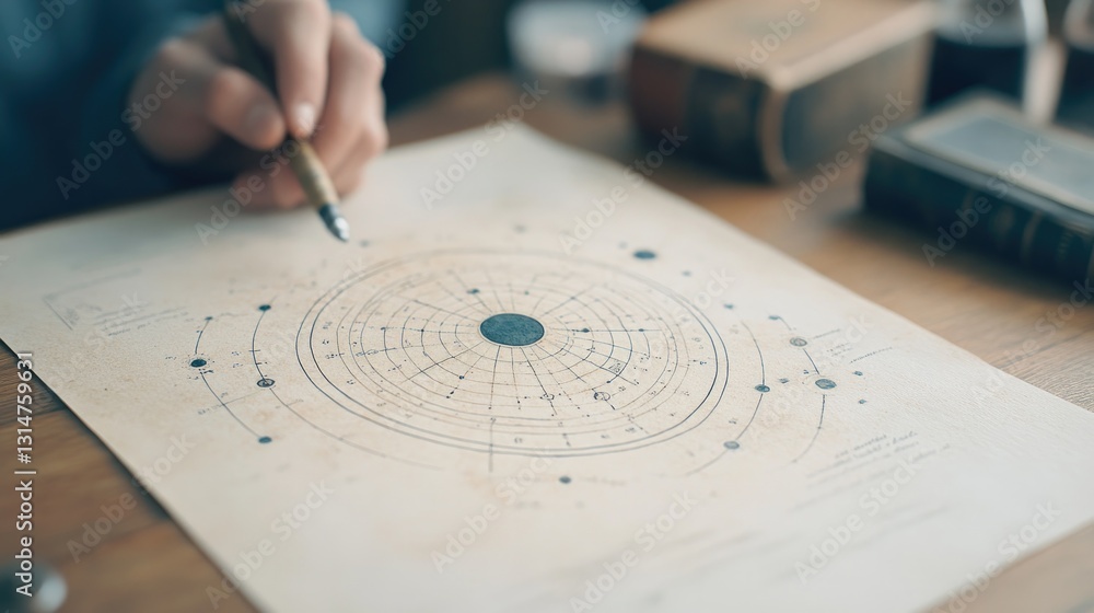Intricate celestial diagram being created on aged paper, showcas Intricate celestial diagram being created on aged paper, showcas