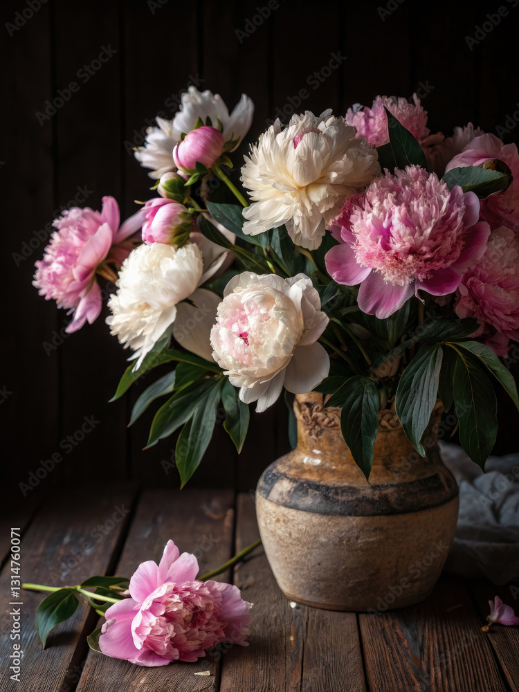 Lush pink and white peonies arranged in an elegant vase on a rustic wooden table Lush pink and white peonies arranged in an elegant vase on a rustic wooden table