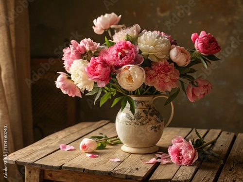Wallpaper Mural Vibrant bouquet of peonies in a vintage vase on a rustic wooden table Torontodigital.ca