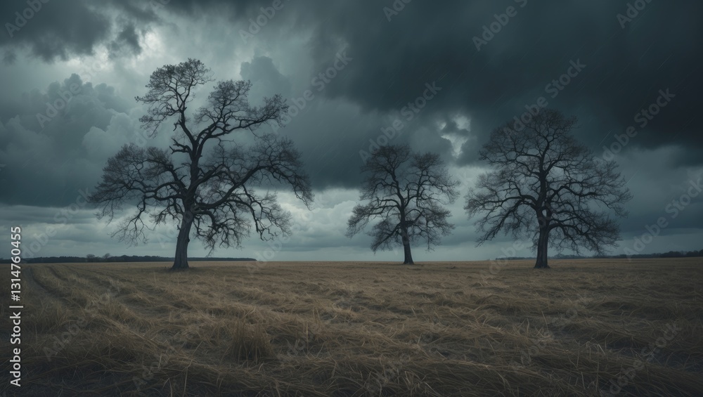 Lonely trees in a windy field with stormy clouds in the background - grain has been intentionally added. Lonely trees in a windy field with stormy clouds in the background - grain has been intentionally added.