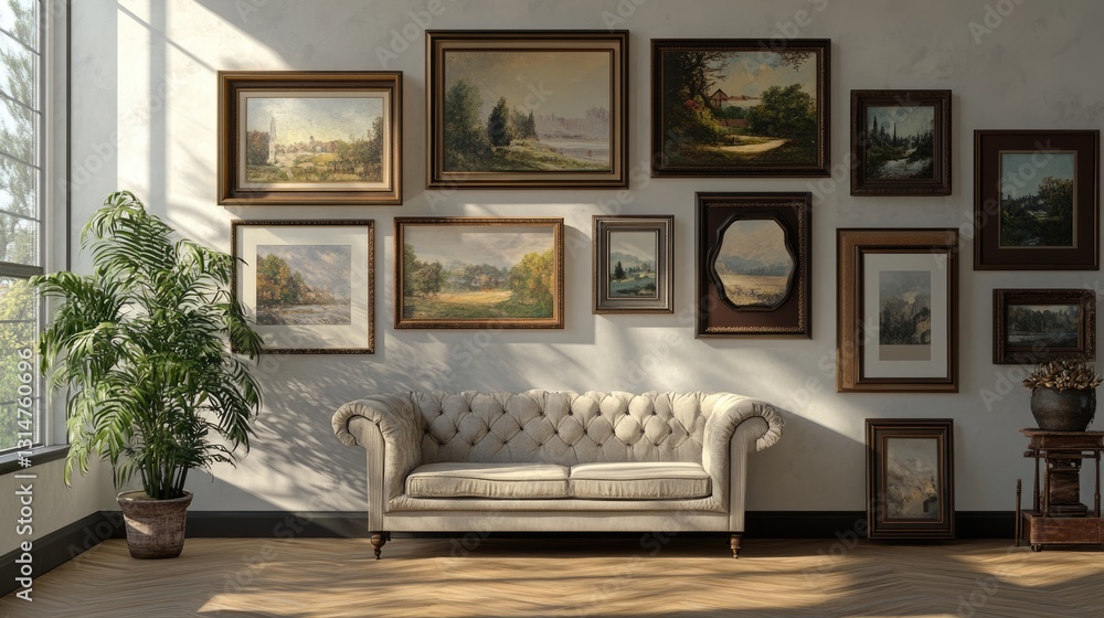 Fototapeta premium Sunlit Living Room with Antique Paintings and Elegant Sofa