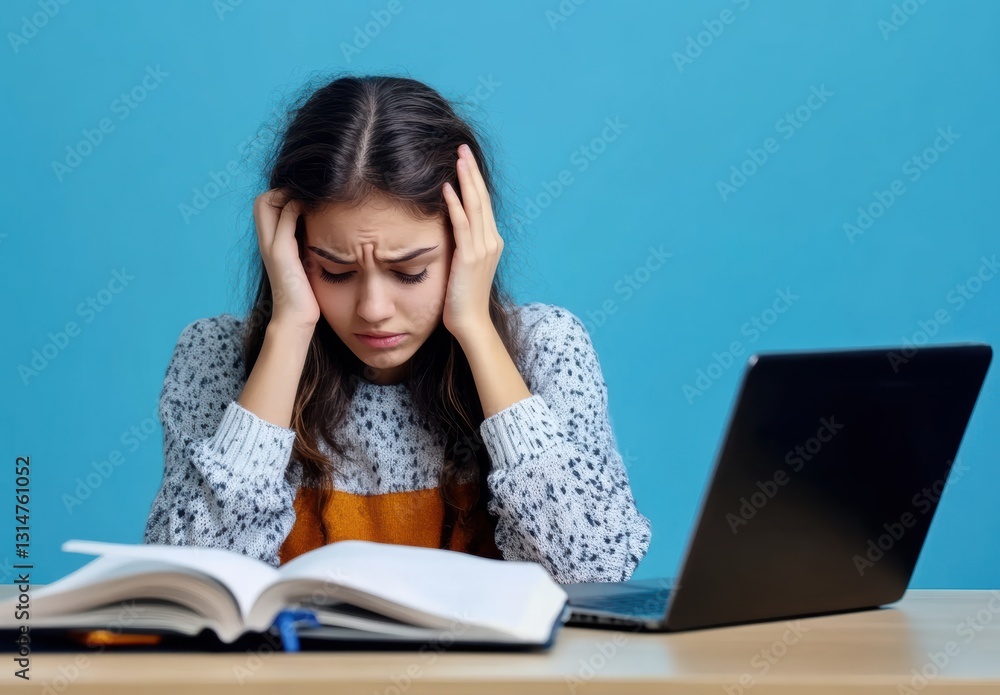 Student struggling with study stress home office photo blue background frontal view mental health concept Student struggling with study stress home office photo blue background frontal view mental health concept