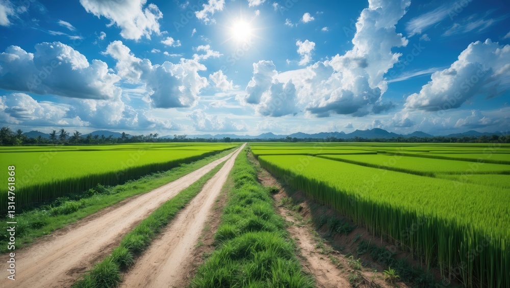 Gravel country road alongside green wheat fields with sky clouds in a natural landscape under blue sky. Gravel country road alongside green wheat fields with sky clouds in a natural landscape under blue sky.