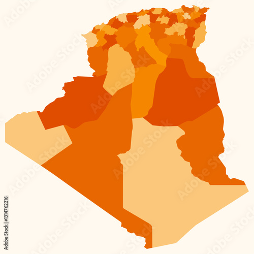 Map of Algeria with regions. A simple country border map with regional divisions. Orange color palette. Plain People's Democratic Republic of Algeria shape with administrative division.