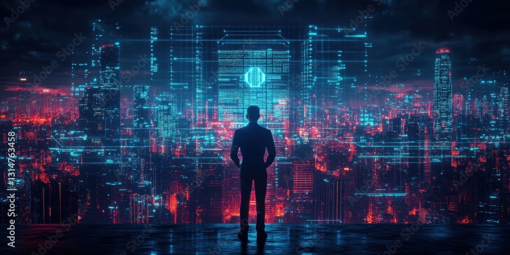 Fototapeta premium Digital dystopia cyberleadership dilemmas and power struggles in a dark city