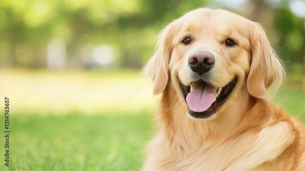 Golden Retriever sitting in lush green park with friendly smile and relaxed posture cheerful friendly dog enjoying peaceful outdoor afternoon Golden Retriever sitting in lush green park with friendly smile and relaxed posture cheerful friendly dog enjoying peaceful outdoor afternoon