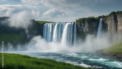 Mist rises from Waterfall on a lovely summer day.
