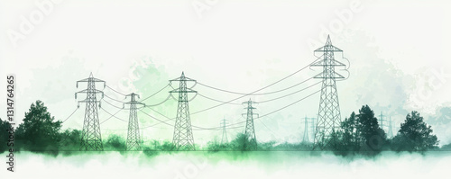 Power lines and towers in watercolor landscape with green energy theme
