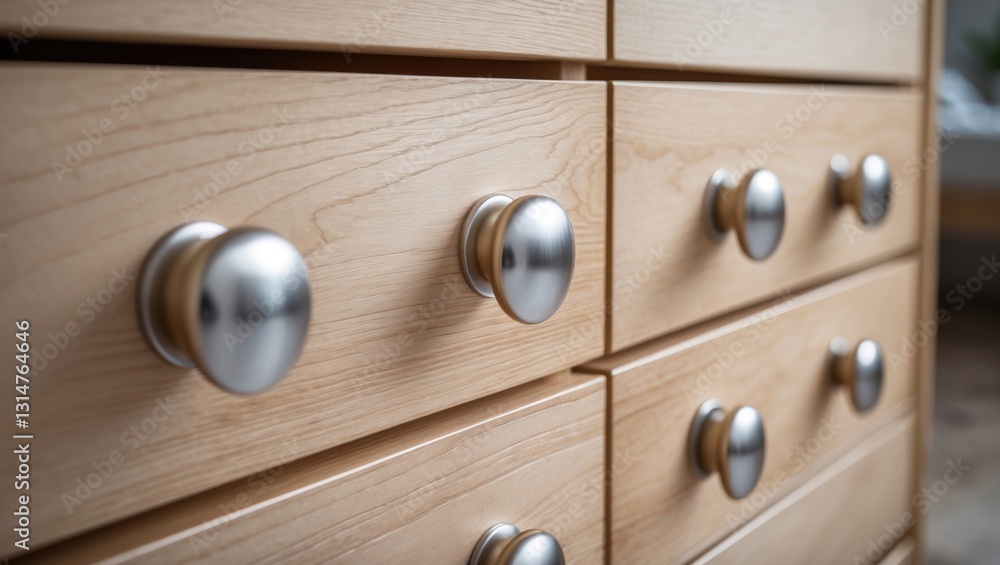 Closeup of metal handle on wooden drawer in bedroom cabinet, modern cupboard in furniture store or minimalist apartment. Closeup of metal handle on wooden drawer in bedroom cabinet, modern cupboard in furniture store or minimalist apartment.