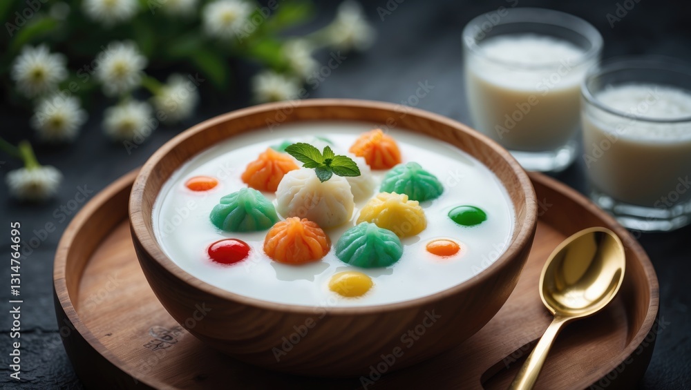 A cozy bowl of dumplings in sweet coconut milk provides warmth and comfort. The bowl is brimming with creamy coconut milk that boasts a smooth, velvety texture. Adorning the milk are colorful, chew... A cozy bowl of dumplings in sweet coconut milk provides warmth and comfort. The bowl is brimming with creamy coconut milk that boasts a smooth, velvety texture. Adorning the milk are colorful, chew...