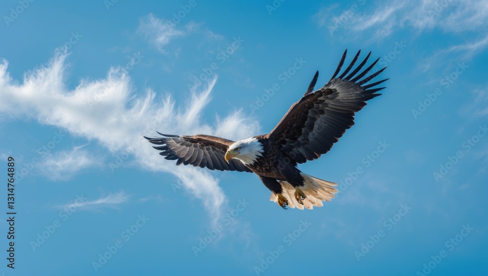 Eagle glides through the clouds, set against the blue sky. Eagle glides through the clouds, set against the blue sky.
