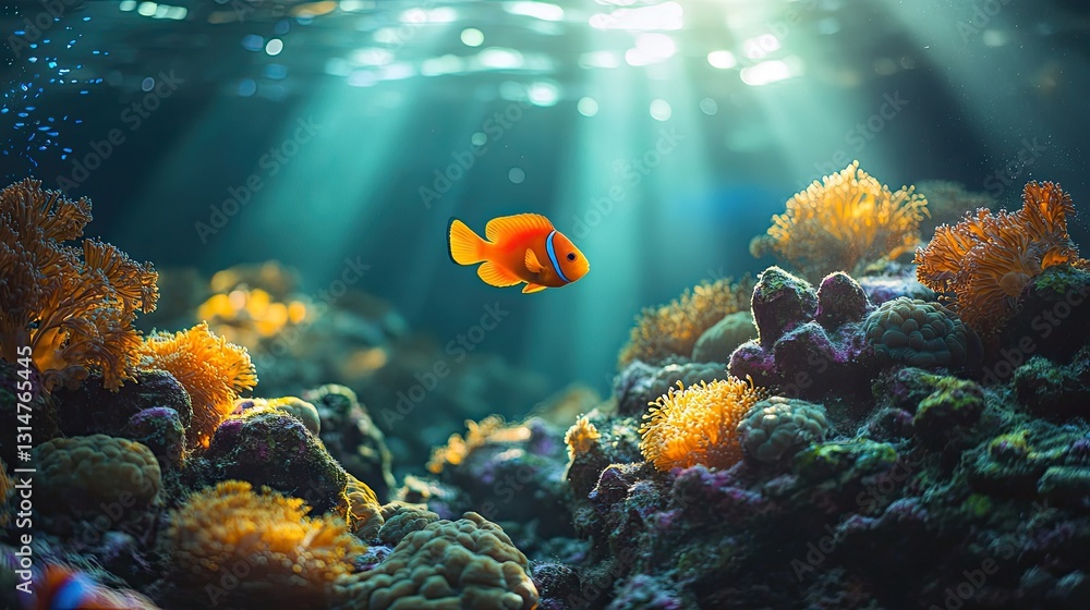 Naklejka premium Underwater scene depicting a vibrant coral reef with colorful corals and marine life.