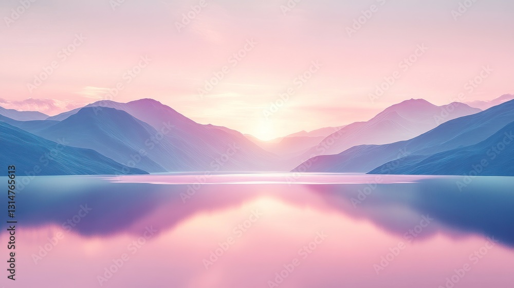 Fototapeta premium Serene sunrise over calm lake and majestic mountains.