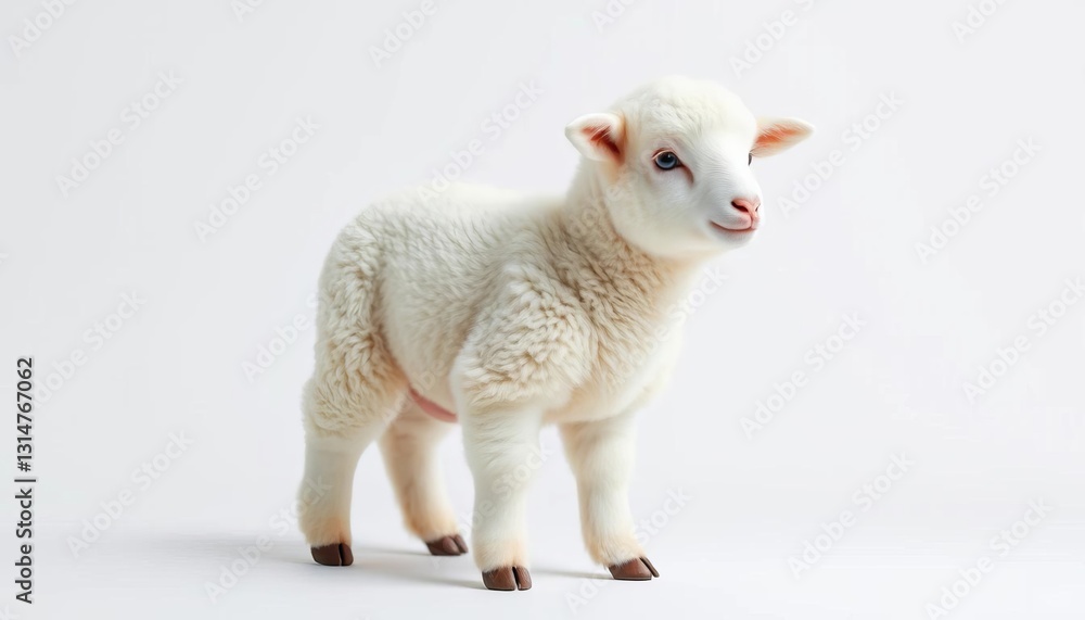 Fototapeta premium Adorable fluffy lamb, standing alone against a pure white backdrop, nature, spring lamb