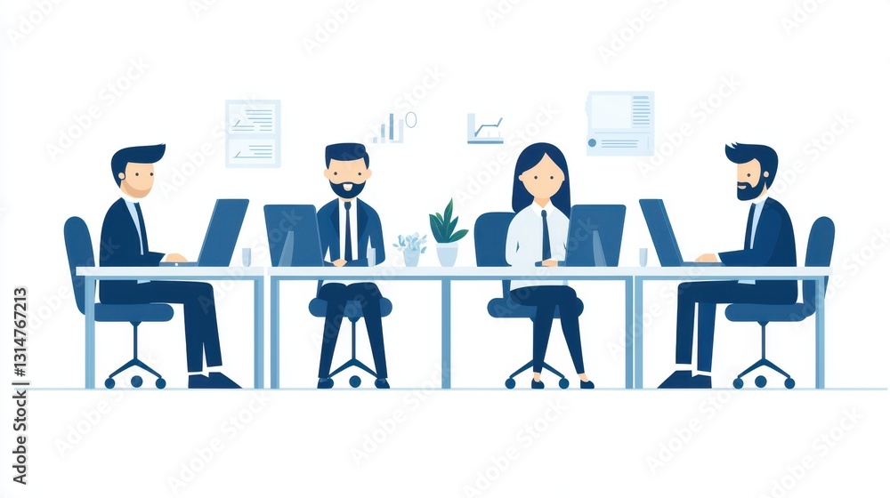 Busy office with multiple employees working on computers at desks Busy office with multiple employees working on computers at desks