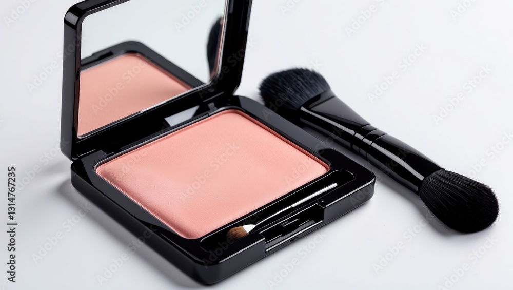 Compact blush with brush on a white background, isolated. Compact blush with brush on a white background, isolated.