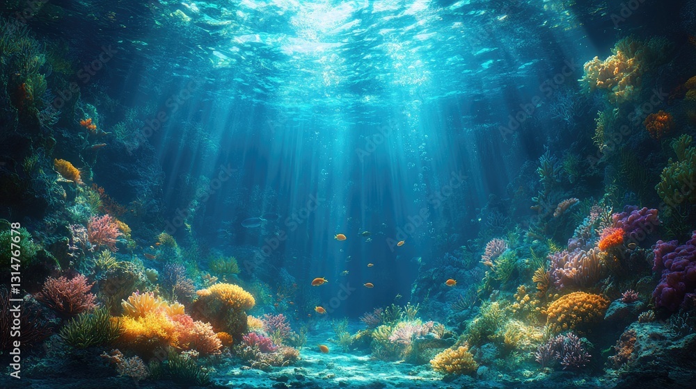 Naklejka premium Underwater scene depicting a vibrant coral reef with colorful corals and marine life.