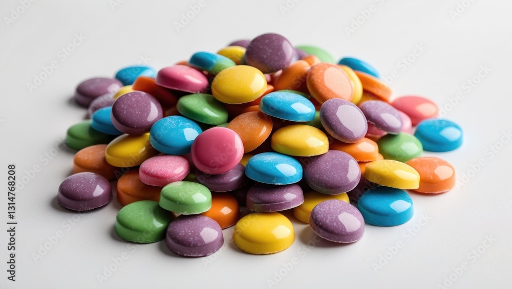 A Collection of Rainbow Colored Candy Coated Chocolate Buttons on a White Background A Collection of Rainbow Colored Candy Coated Chocolate Buttons on a White Background