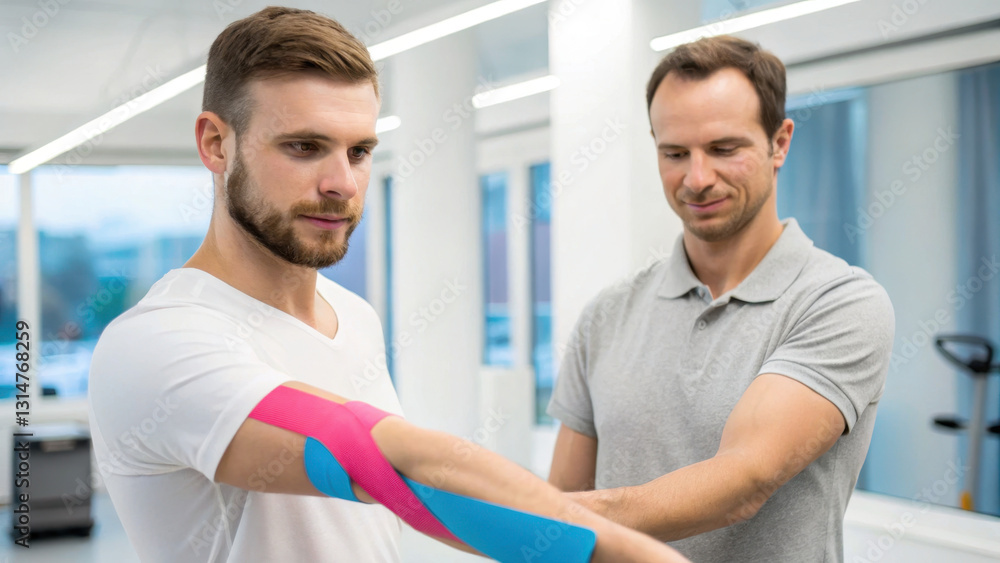 Obraz premium professional therapist applying kinesiology tape on patient arm, showcasing therapeutic environment. focus is on rehabilitation and physical therapy techniques