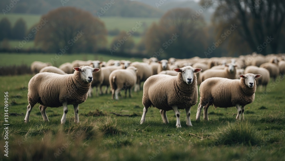 Flock of sheep feeding in the countryside. Flock of sheep feeding in the countryside.