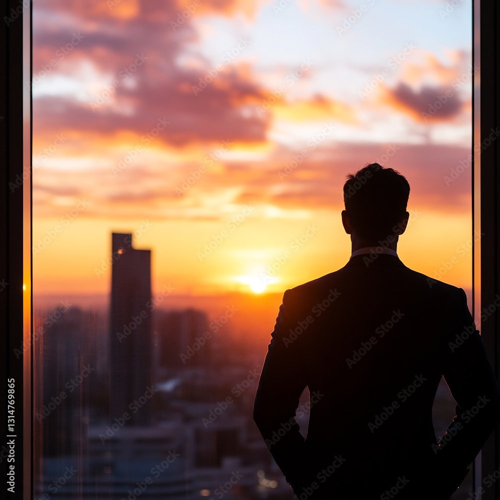 Fototapeta premium confident CEO standing with city skyline at sunset