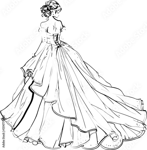 coloring page, princess, dress, woman, bride, wedding, fashion, beauty, princess, vector, illustration, silhouette, people, art, lady, sketch, gown, cartoon, drawing, hair, elegance, costume, person, 